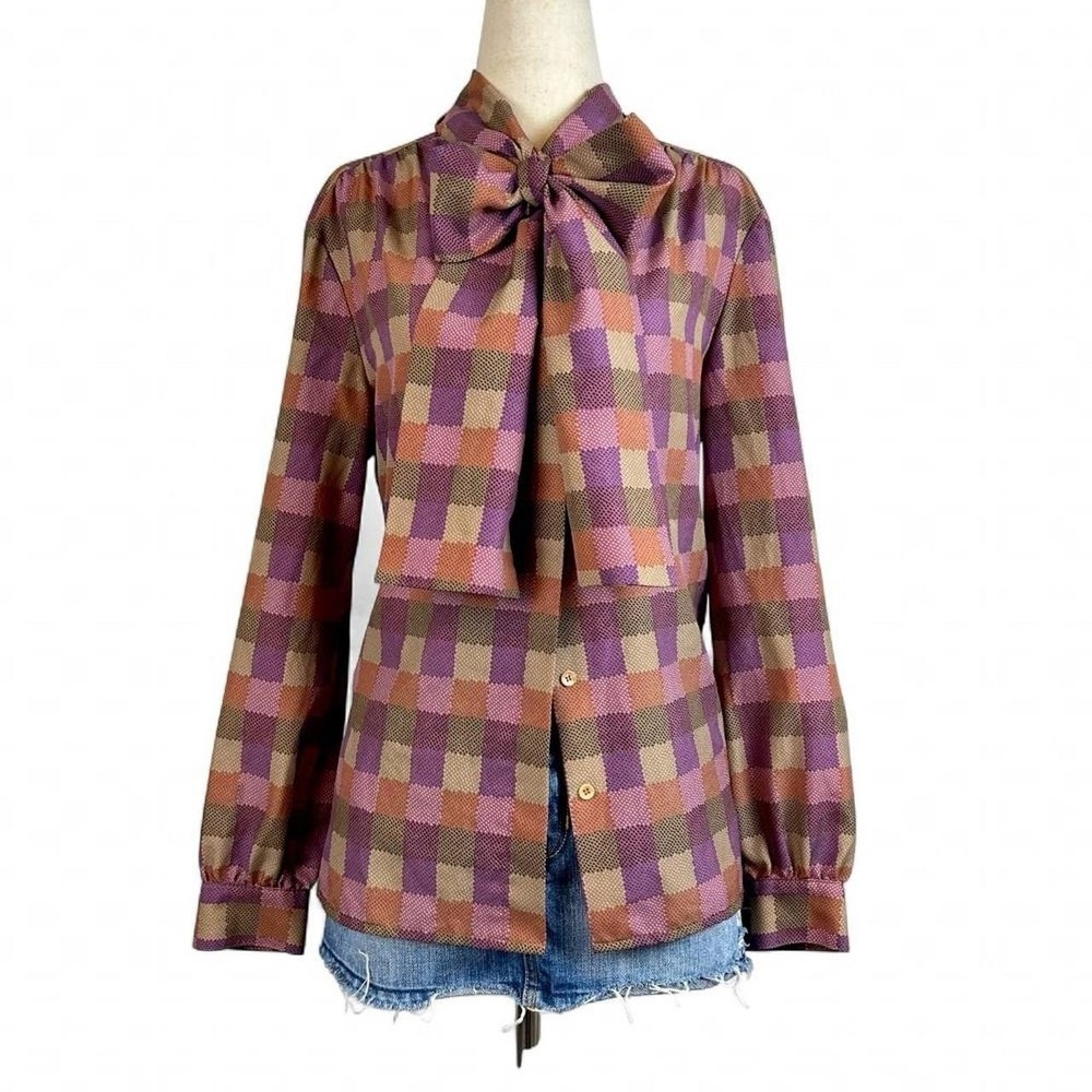 Vintage Habadashery Gingham Plaid Tie Neck Button Up Top Fits Like‎ M Retro Mod